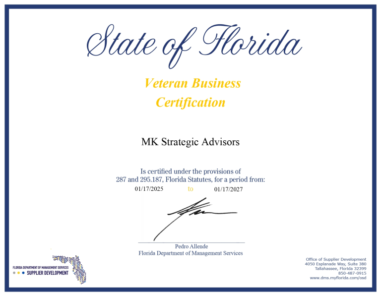 lorida Minority Business Enterprise (MBE) certification for MK Strategic Advisors, LLC.